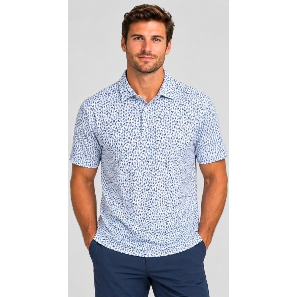 AndersonOrd Mens Golf Polo Shirt White Blue Peace Sign Print Size Medium